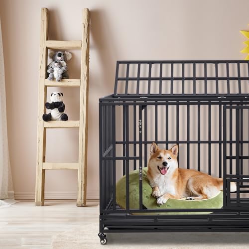 42" Large Metal Wire Dog Crate with Lockable Wheels, Double Door J74281