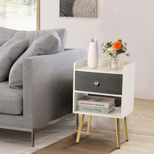 White Nightstand with Drawer Fabric Cabinet Storage with Sliding Drawers and Shelf C538545