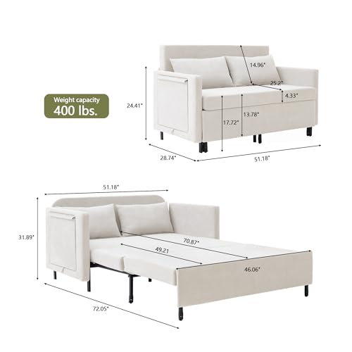 3-in-1 Sleeper Sofa Bed, 51'' Convertible Folding Couch with Pullout Bed, Chenille Futon Sleeper Sofa with Side Table and 2 Pillows, Grey A67760