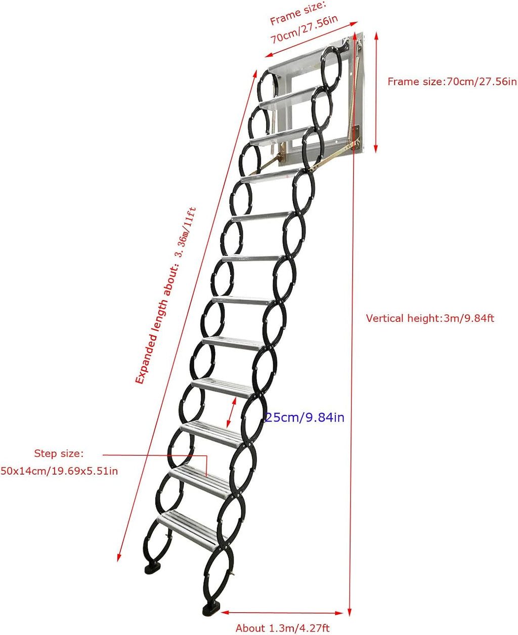 Black Wall-mounted Folding Attic Ladder, 9.8 feet Height, Ti-Mg Alloy O96173