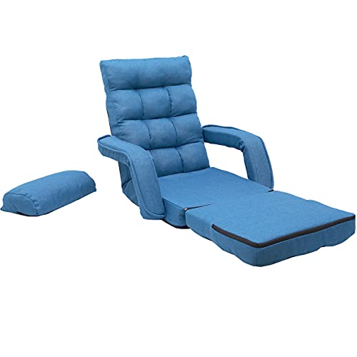 Blue Adjustable Folding Chaise Lounge Sofa with Armrests and Pillow B142