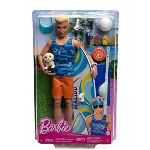 Poseable Blonde Ken Beach Doll with Surfboard and Pet Puppy O3061