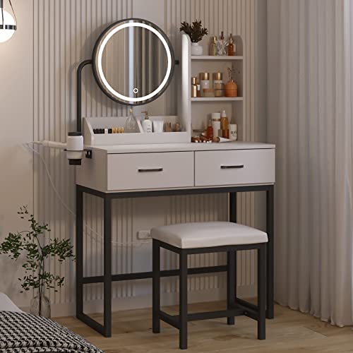 White Vanity Desk with Round Mirror and Lights and Hair Dryer Rack (Brown and Black, 15.75 * 31.5 * 53.6in) M372