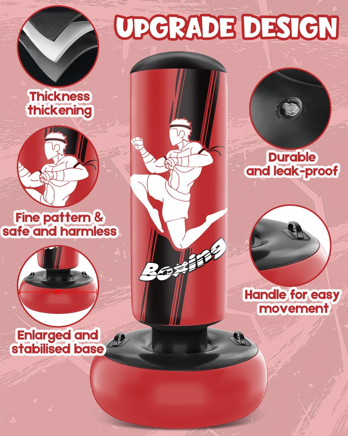66 Inch Inflatable Punching Bag with Boxing Gloves (Red) E337