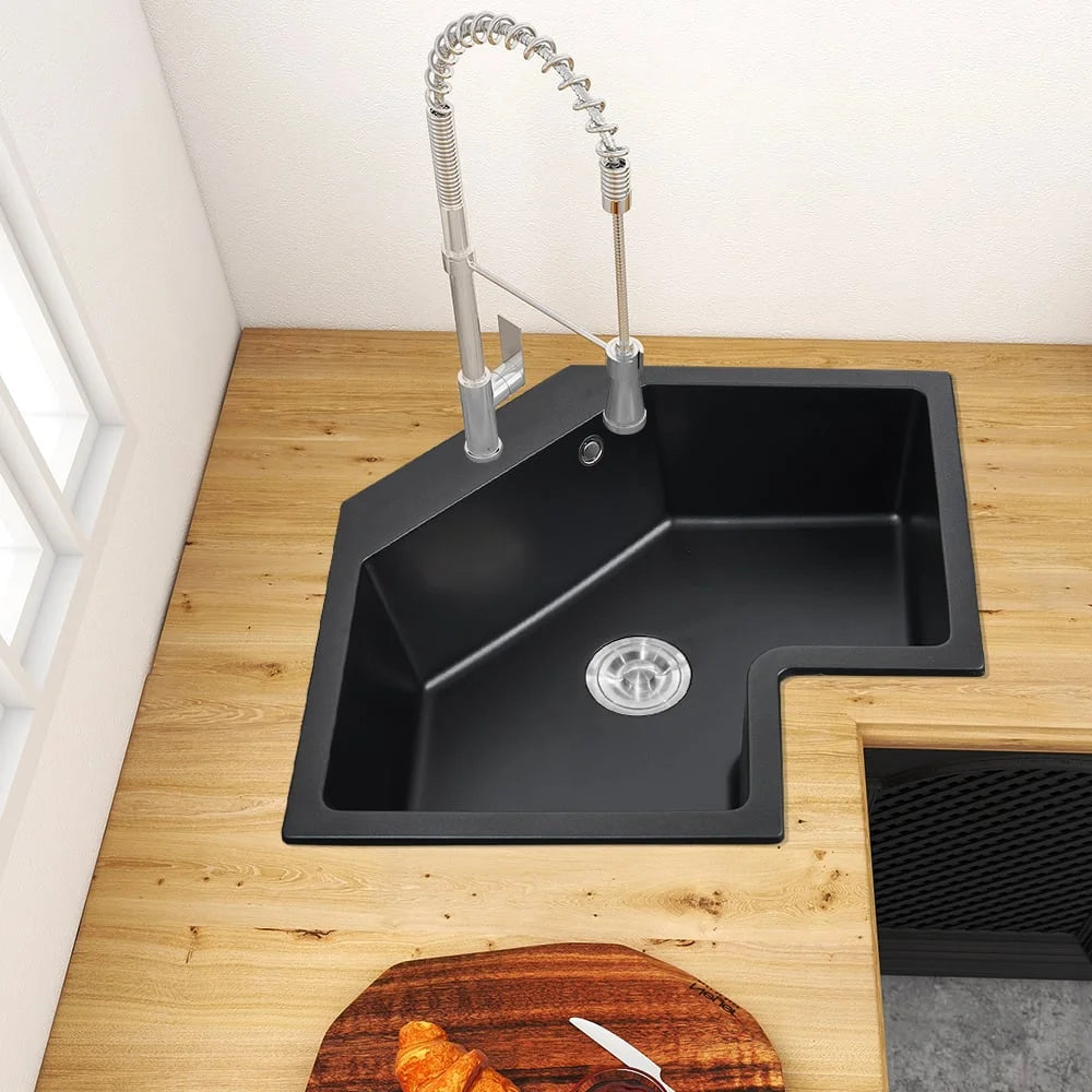 Black Drop In Corner Kitchen Sink Single Bowl Quartz C845223