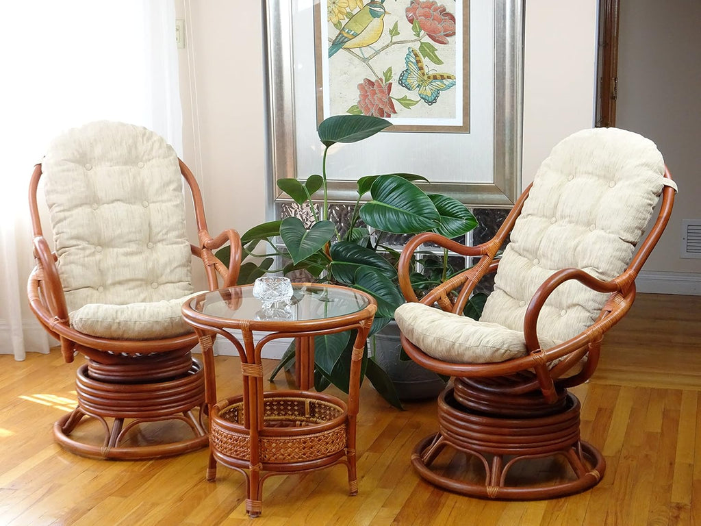 2 PC Natural Rattan Swivel Rocking Chair Set with Cream Cushion and Coffee Table S5059