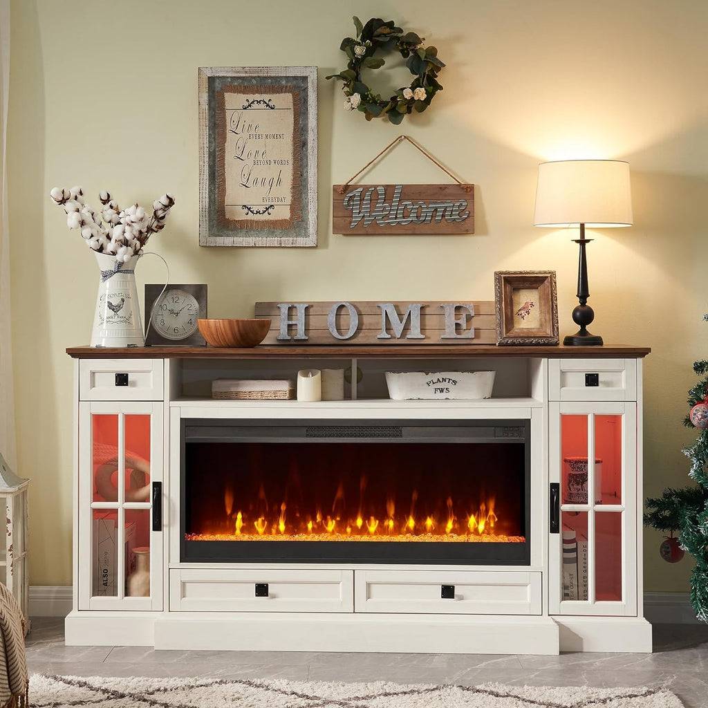 Antique White Fireplace TV Stand with Storage Drawers & Cabinets L710