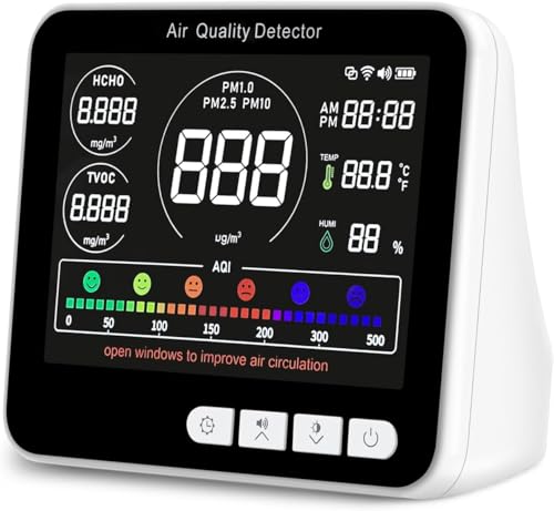 14 in 1 Air Quality Monitor Indoor with Beep Alarm, PM1.0|PM2.5|PM10|HCHO|TVOC|AQI|Temperature|Humidity|Time, Battery Powered Air Monitor I5107