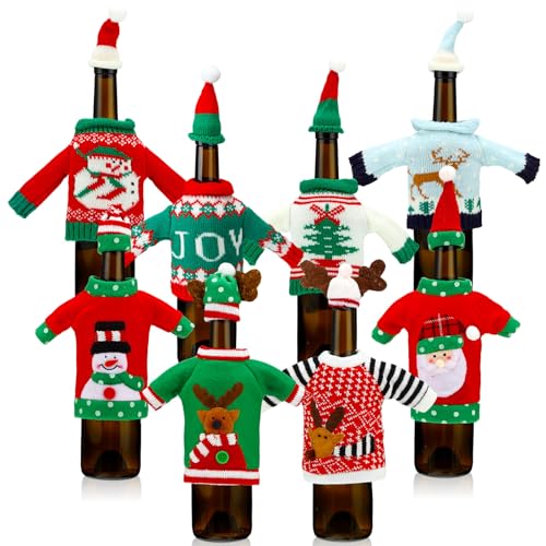 16 Sets Christmas Wine Bottle Sweater Cover with Hat Knitted Dress Snowman Elk Santa X3406