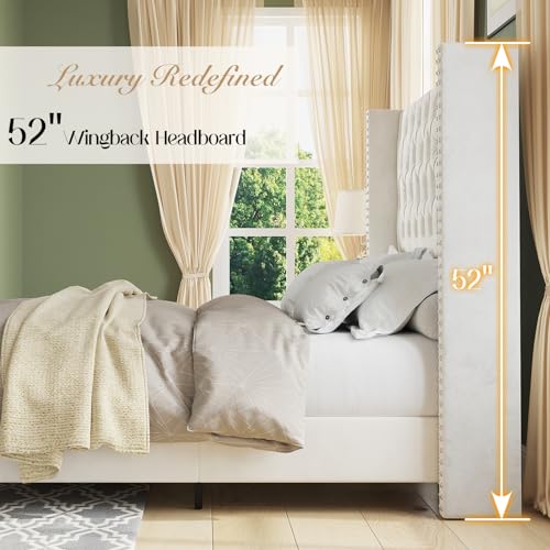 King Upholstered Bed Frame with Tall Headboard Wingback Platform Bed Tufted Deep Button Velvet Light Grey X1926