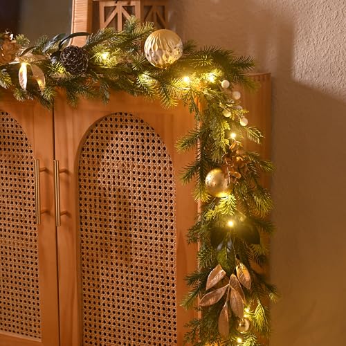 6Ft Prelit Christmas Garland with Pine Cone, Bow Ornaments (Green Gold) D810998