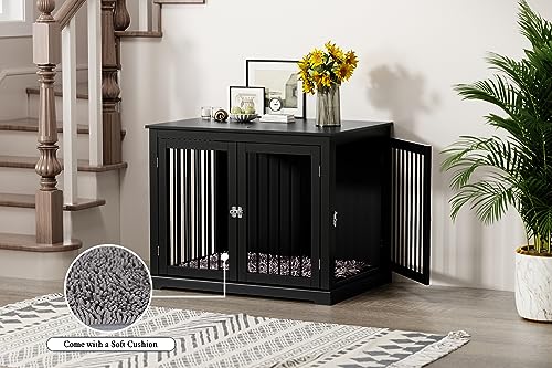 Large Wooden Dog Crate with Cushion and Flip Top, Black A23392
