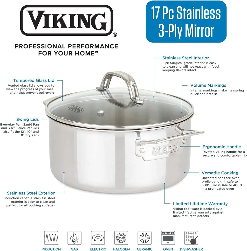 17pc Stainless Steel Cookware Set with Glass Lids V610