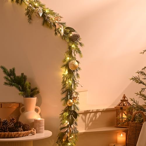 6Ft Prelit Christmas Garland with Pine Cone, Bow Ornaments (Green Gold) D810998
