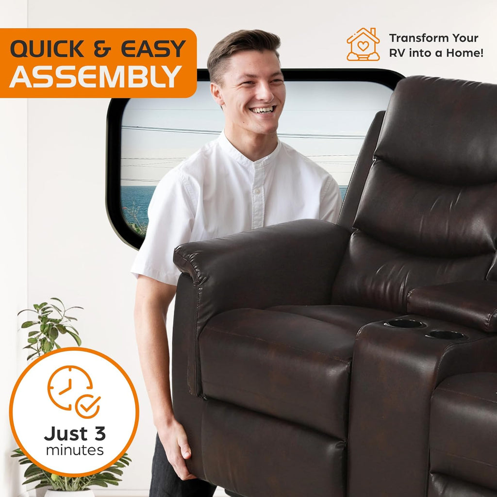 68" Wall Hugger RV Couch with Console Cup Holder Double Seat Reclining Chair Browm I763