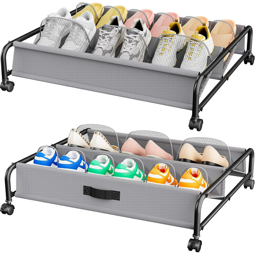 2 Pack Rolling Under Bed Shoe Storage with Breathable Mesh Pockets L30994