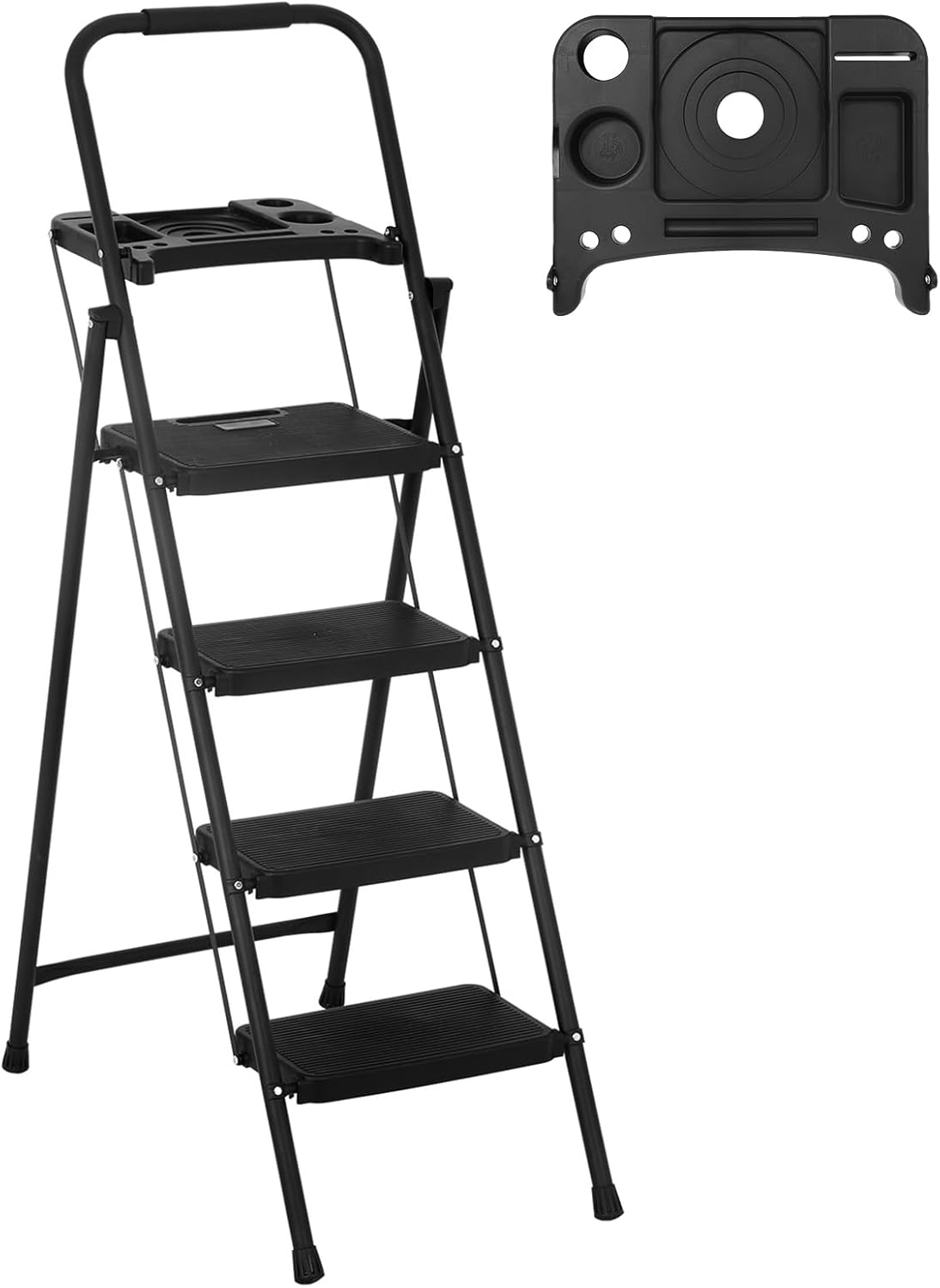 Black Steel Folding Step Stool with Tool Tray M117