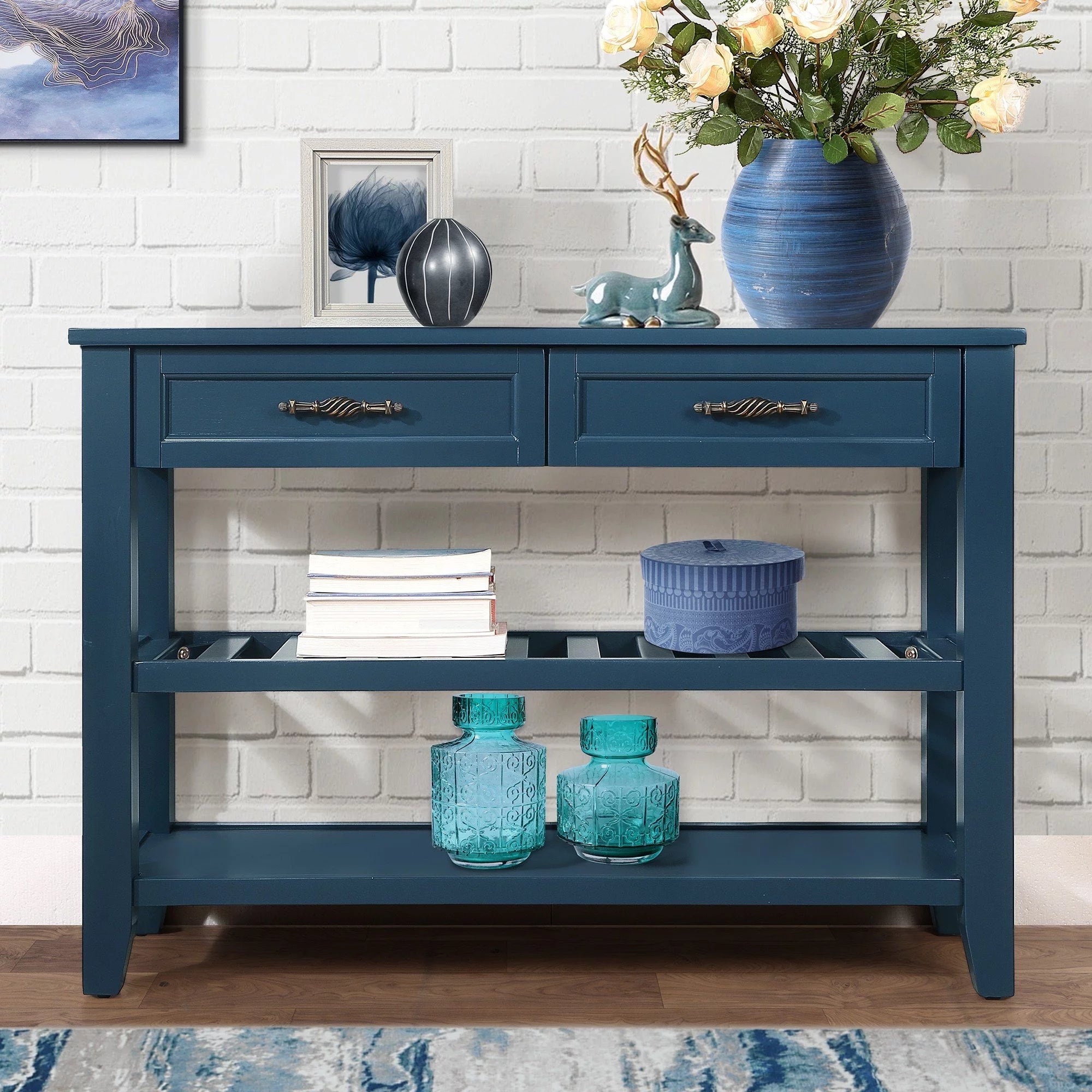Navy Blue 42'' Solid Wood Console Sofa Table with 2 Drawers and 2 Shelves D790