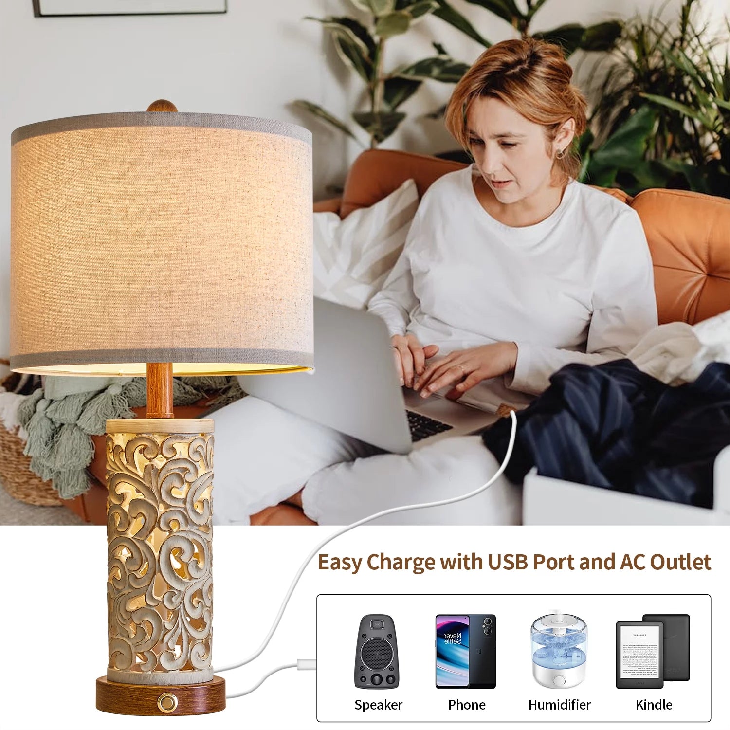 Rustic Table Lamp Set of 2 3 Way Dimmable 22" with 2 USB Ports P69768