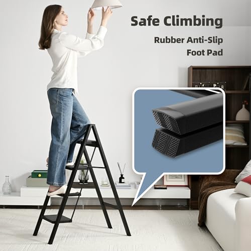 Black Steel Folding Step Ladder with Anti-Slip Wide Pedal F93590