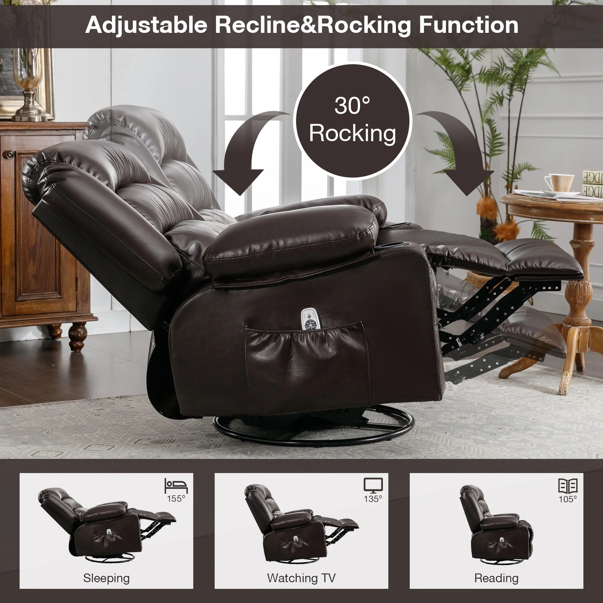 Brown Ergonomic Swivel Rocker Recliner Chair with Vibration Massage and Heat C79824