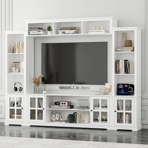 Grey 102" W Large Farmhouse TV Stand with Glass Doors T6774