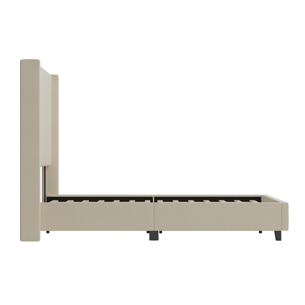 Beige Queen Size Platform Bed Frame with Padded Faux Linen Upholstered Wingback Headboard J85228