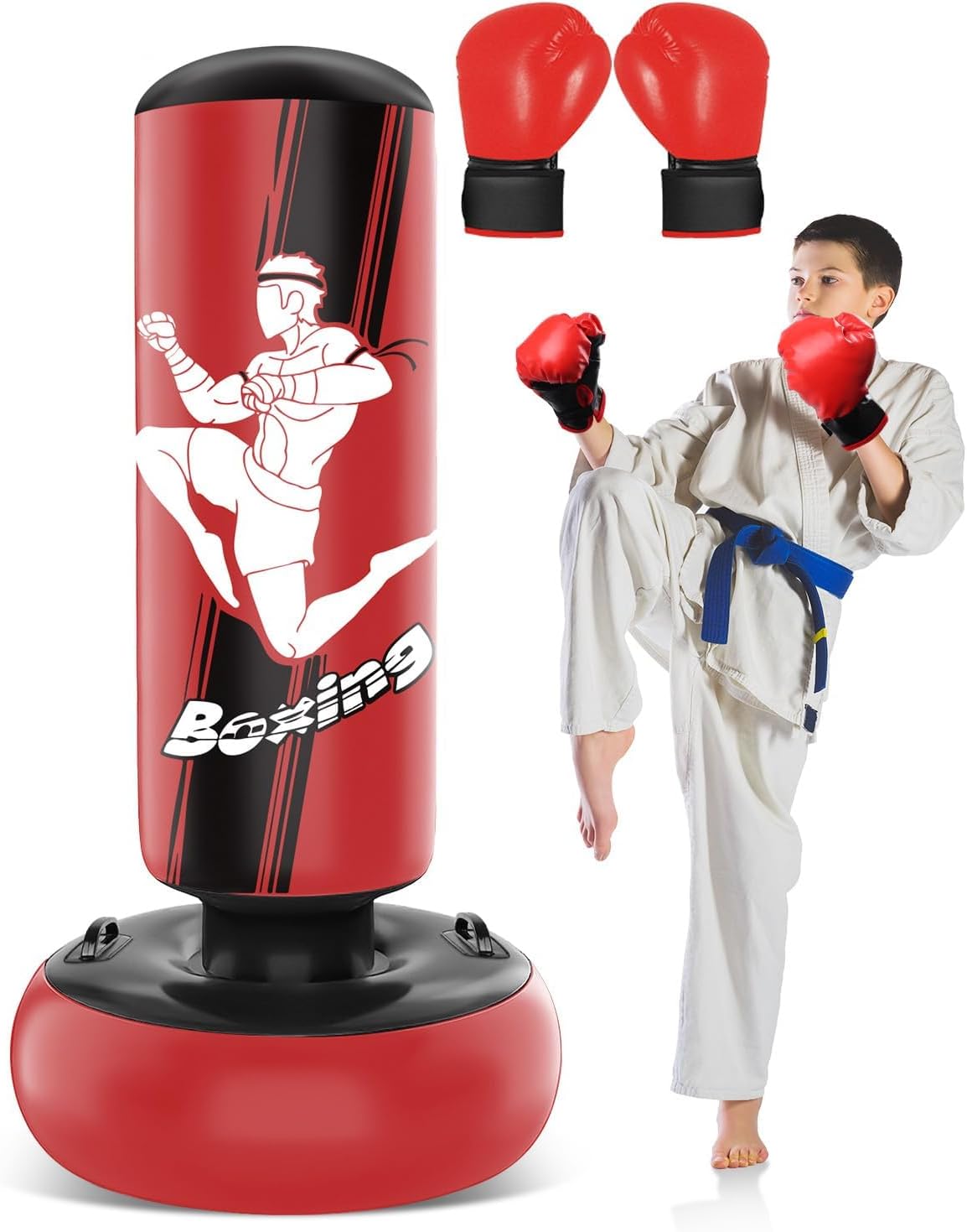 66 Inch Inflatable Punching Bag with Boxing Gloves (Red) E337