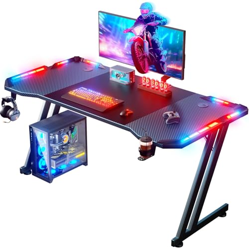 47 Inch Gaming Desk with LED Lights Carbon Fibre Surface N163