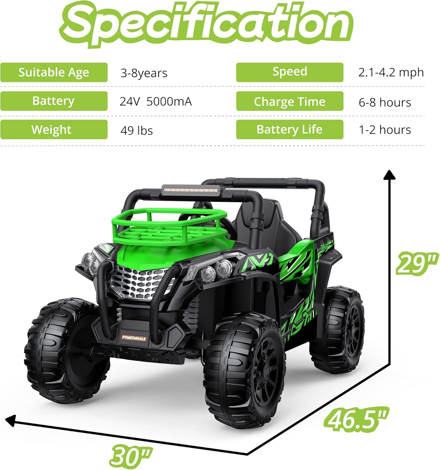 24V UTV Battery Powered Ride On Car with Remote Control 4WD Electric Car, Green, Large O7537