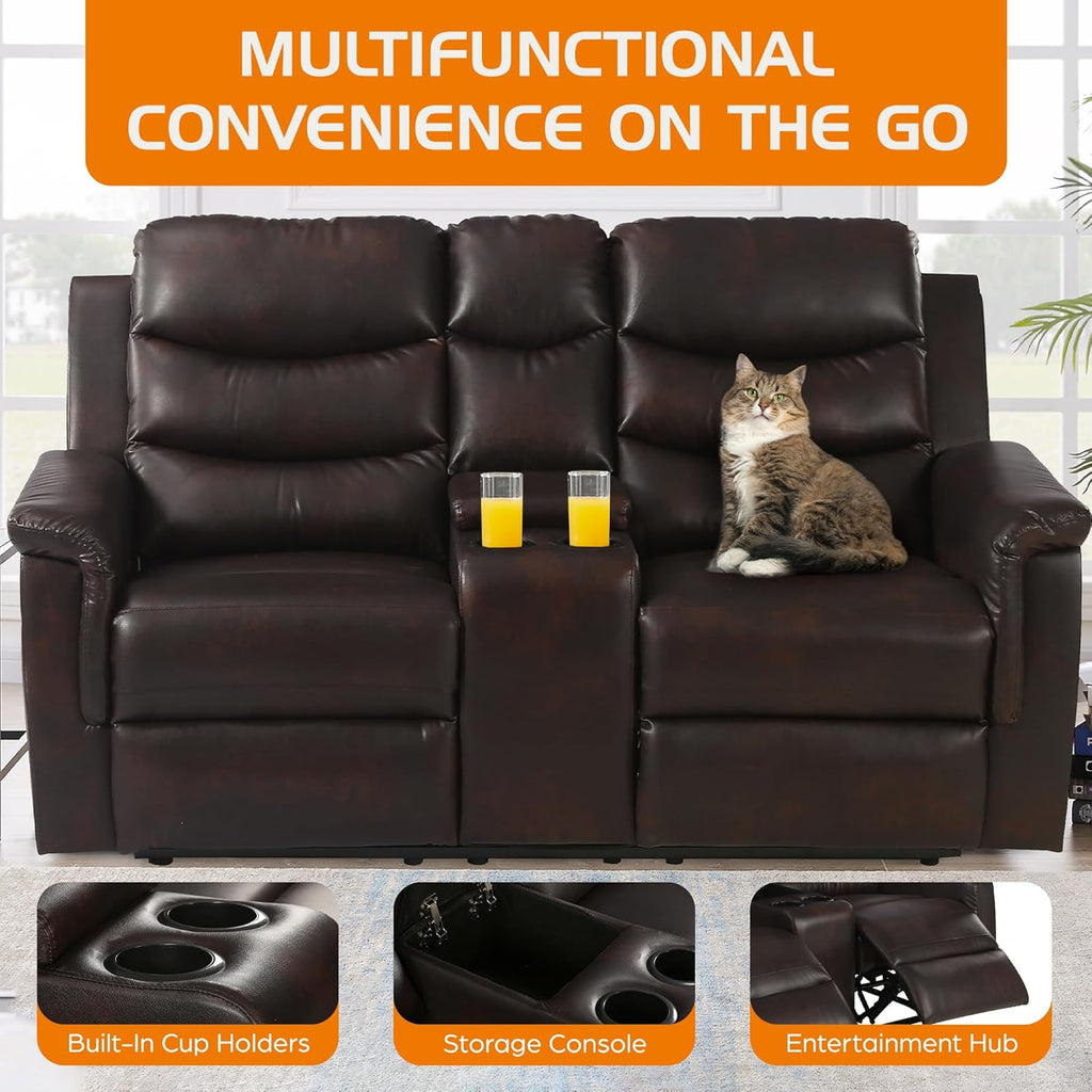 68" Wall Hugger RV Couch with Console Cup Holder Double Seat Reclining Chair Browm I763