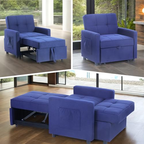 Blue Velvet Convertible Sleeper Sofa Bed with 2 Pillows N837729