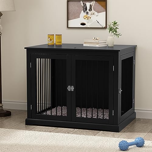 Large Wooden Dog Crate with Cushion and Flip Top, Black A23392