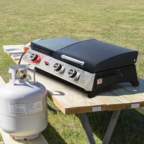 3 Burner Propane Gas Grill and Griddle Combo with Lid, Silver & Black J183