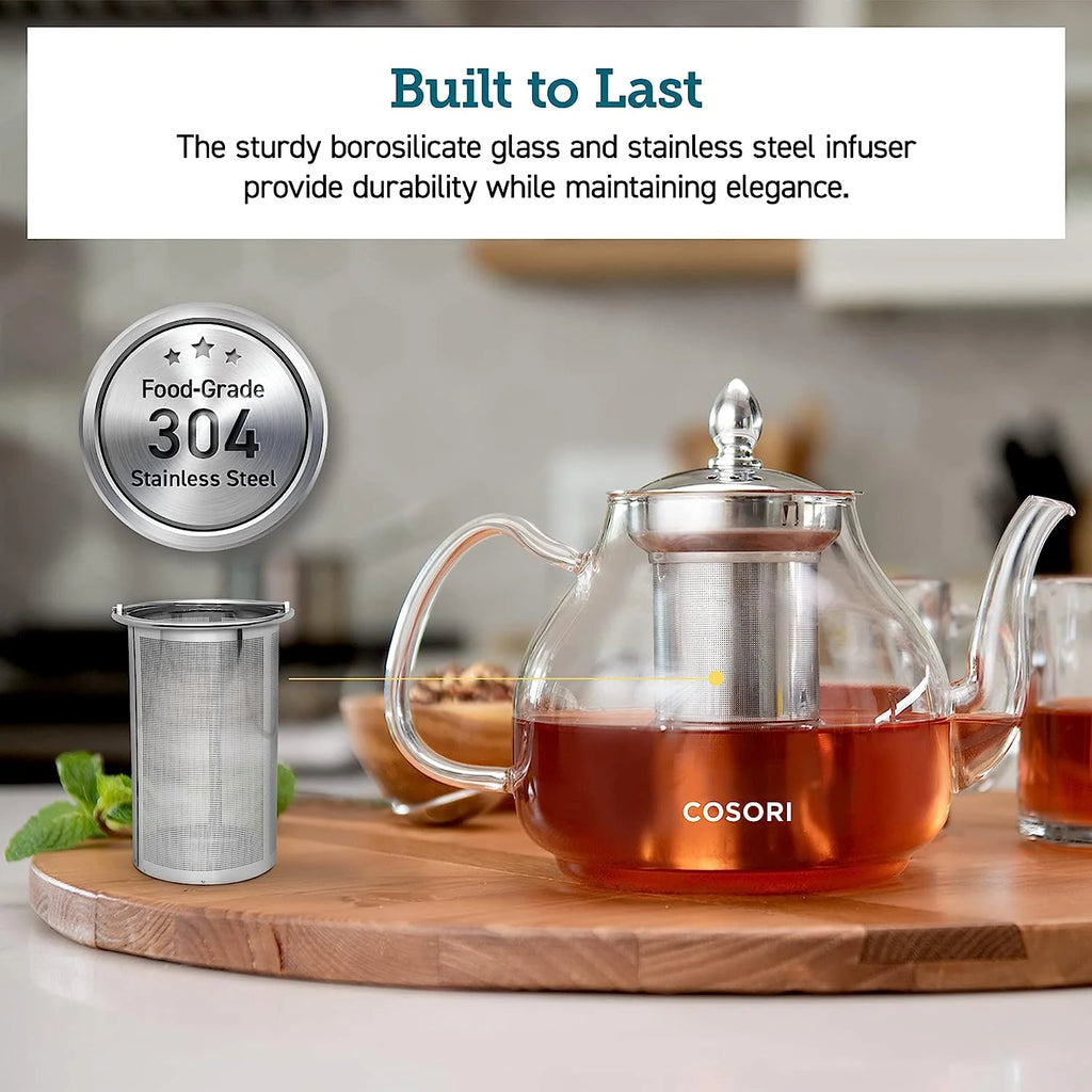 Glass Teapot Stovetop Gooseneck Kettle with Removable Stainless Steel Infuser, Borosilicate, 1000 ml, Transparent D5339