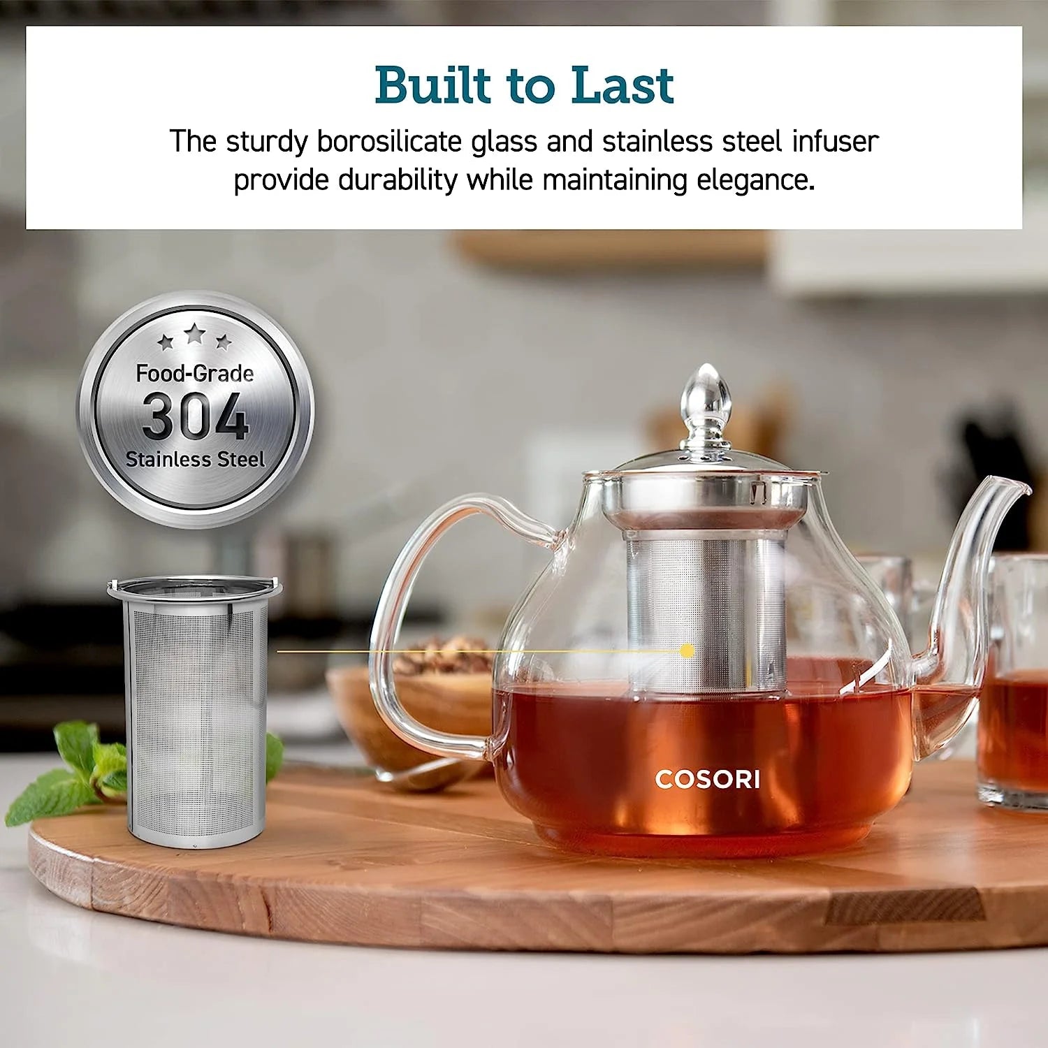 Glass Teapot Stovetop Gooseneck Kettle with Removable Stainless Steel Infuser, Borosilicate, 1000 ml, Transparent D5339
