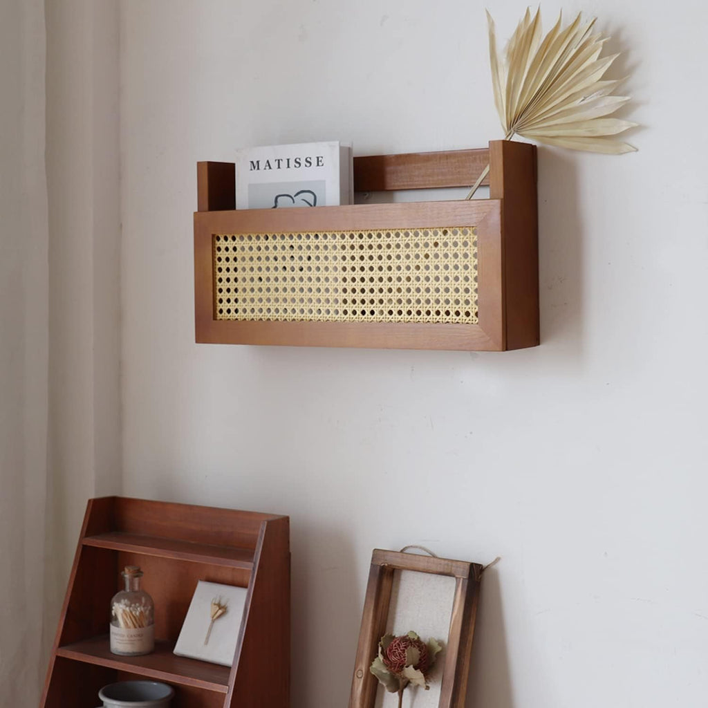 Wall Wood Magazine Rack with PE Rattan Grid, Size 17.3" x 4" x 9.4", Brown Q3319