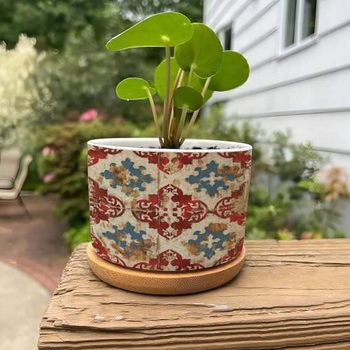 Blue And White Porcelain Ceramic Round Plant Pot with Drainage Holes And Bamboo Tray E588578