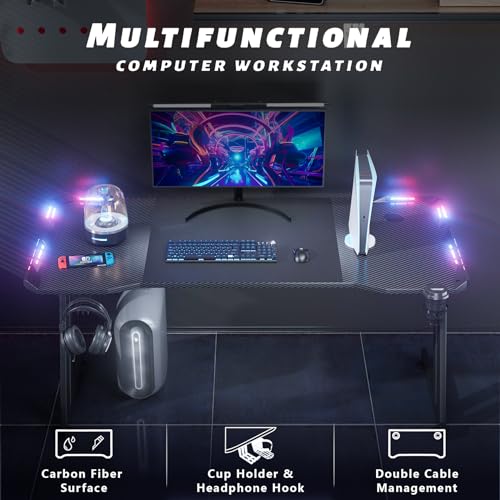 47 Inch Gaming Desk with LED Lights Carbon Fibre Surface N163