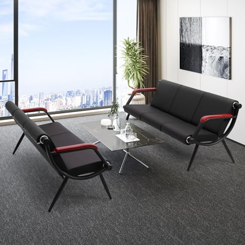 Black PU Leather Waiting Room Bench with Wooden Armrest V30646