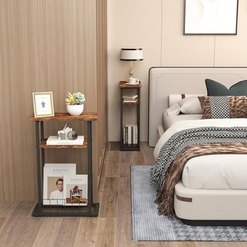 3-Tier Narrow End Table with Magazine Holder Rustic Brown X955