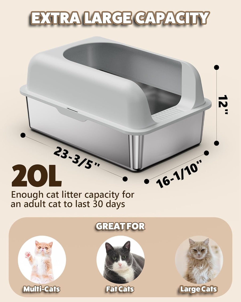 Extra Large Stainless Steel Cat Litter Box with Lid H277550
