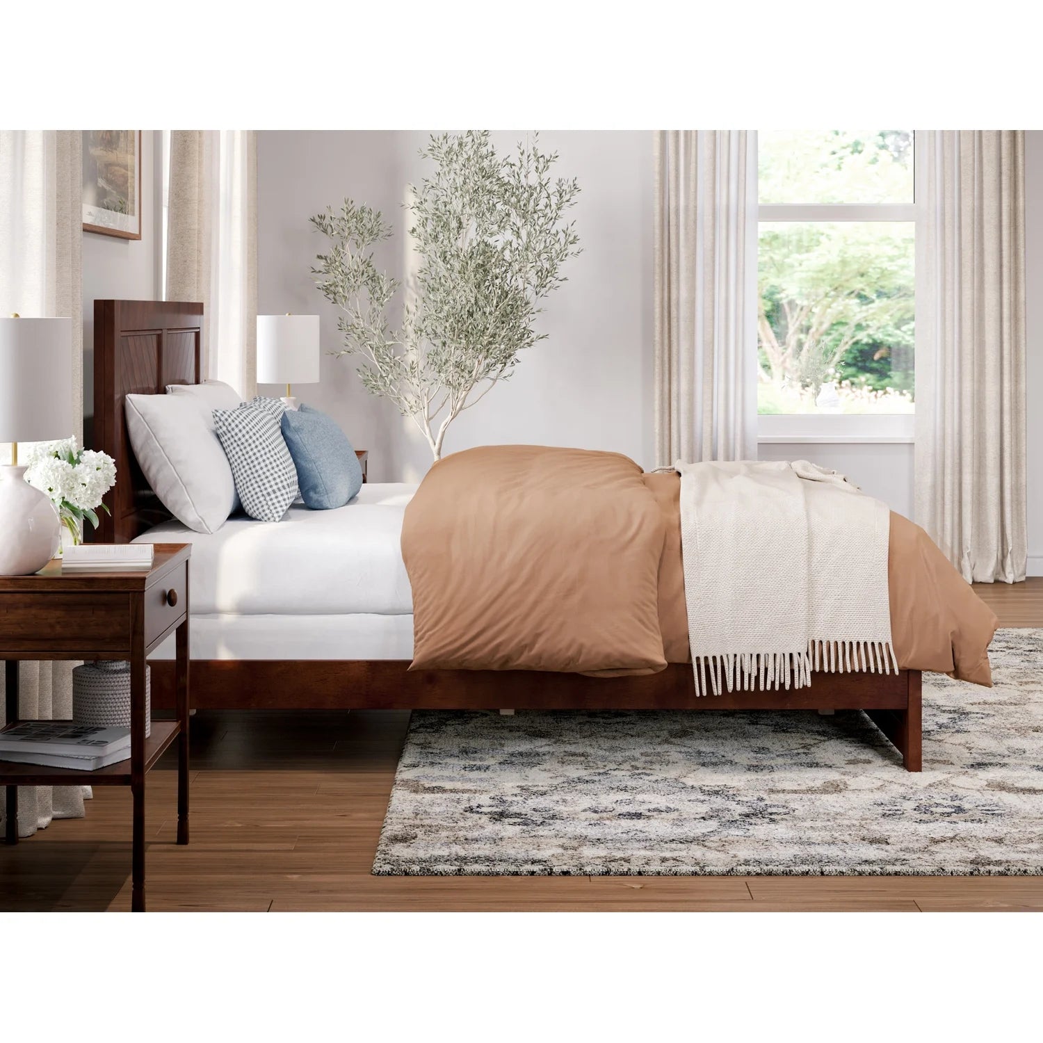 Full Solid Wood Foundation Bed Frame with Matching Footboard K69108
