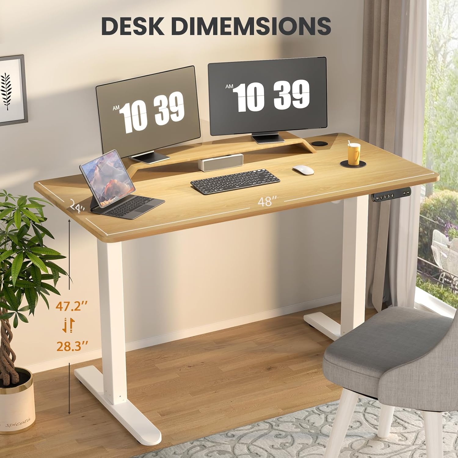 Electric Standing Desk 48 x 24 Inch Adjustable Height Desk with 4 Memory Presets (Maple) K2097