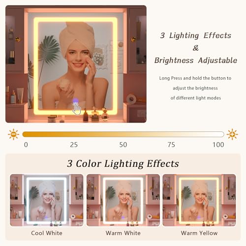 White Makeup Vanity Desk with Mirror and Lights, Large Vanity Table Set with Charging Station, Dressing Table with RGB Cabinets, 3 LED Lights Modes M39437