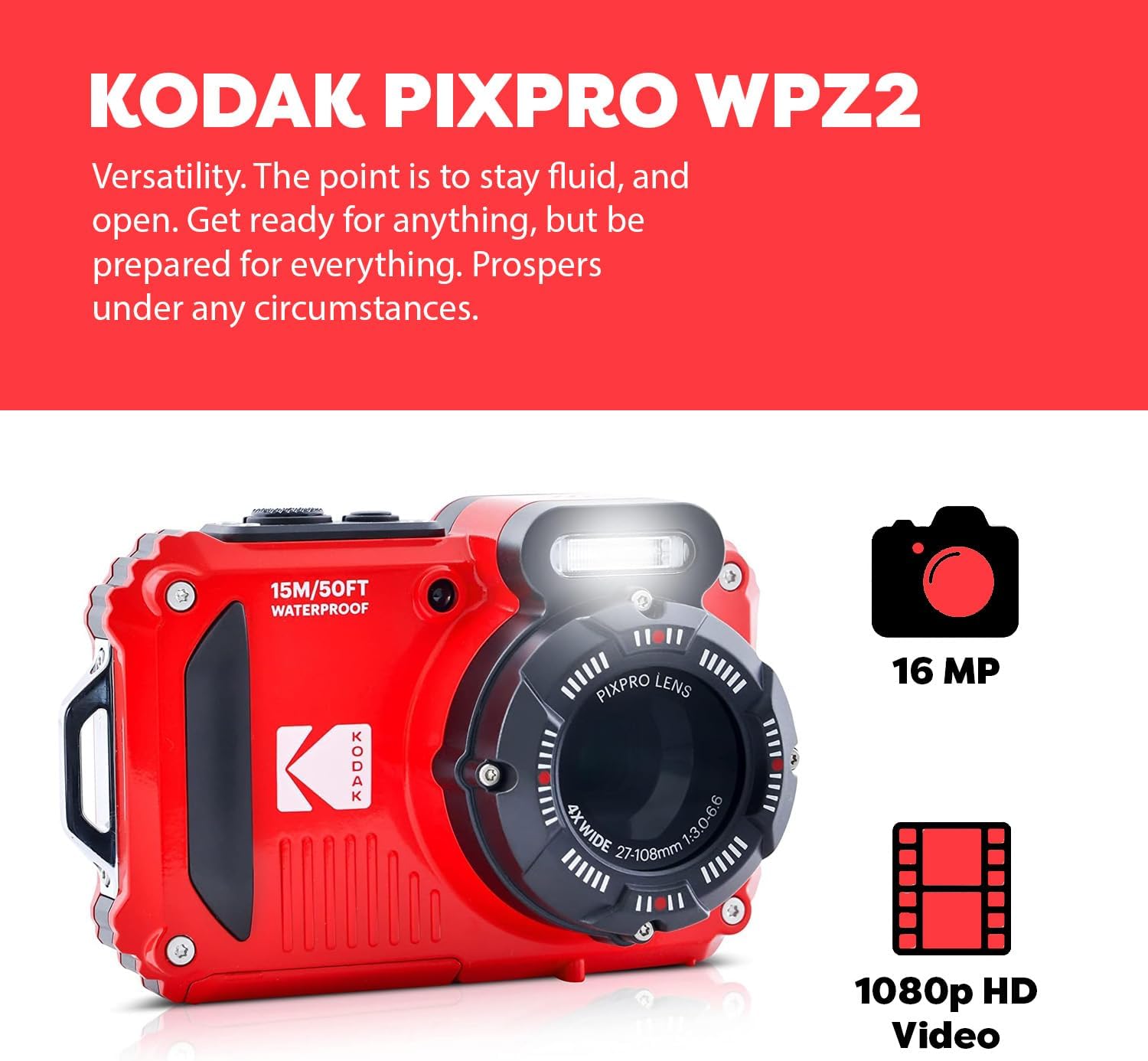 Red Rugged Waterproof Digital Camera with Case, Monopod, Card Reader (9 Items) X37211