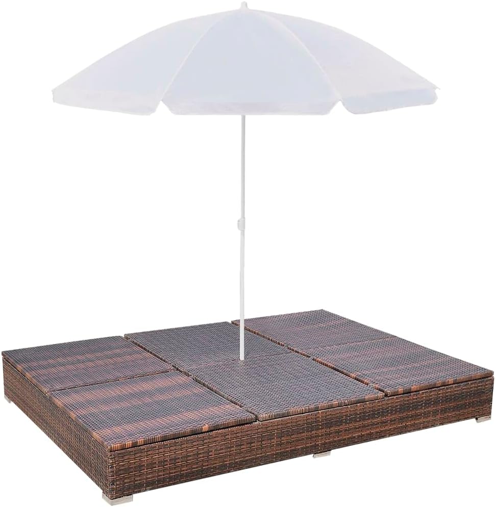 Brown Poly Rattan 2-Person Sun Lounger with Cushion and Umbrella M204