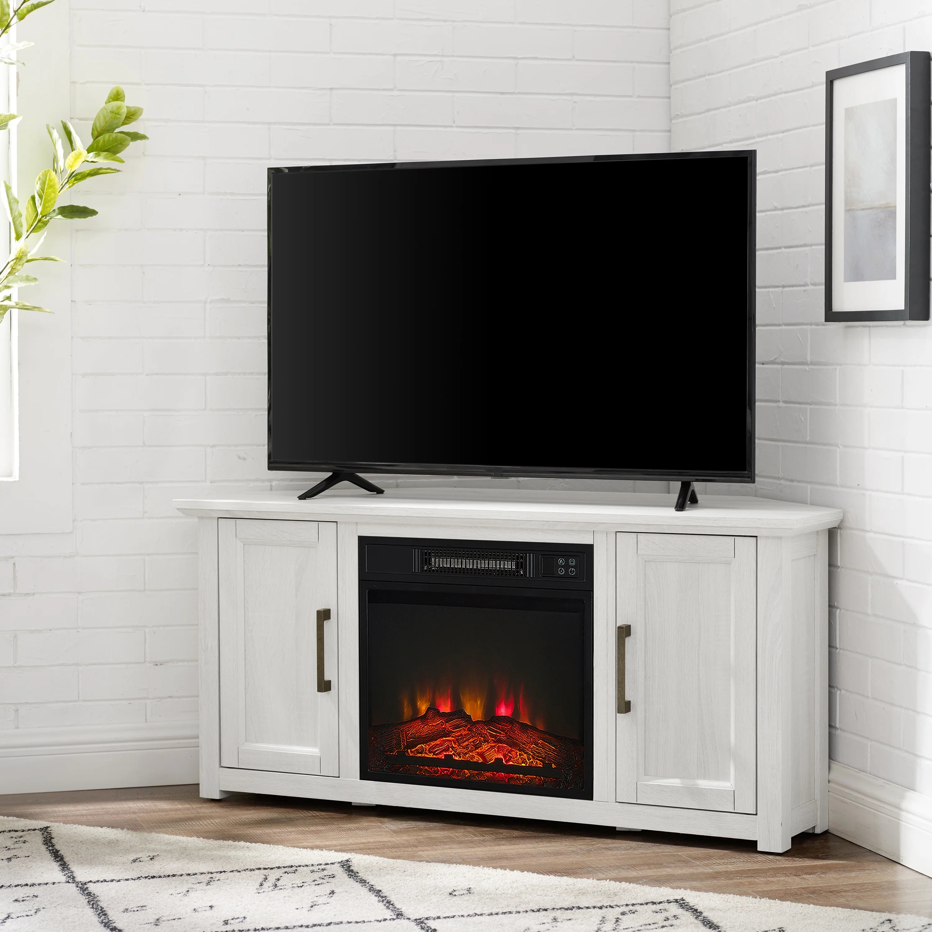 Whitewash Wood Corner TV Stand with Fireplace G522609