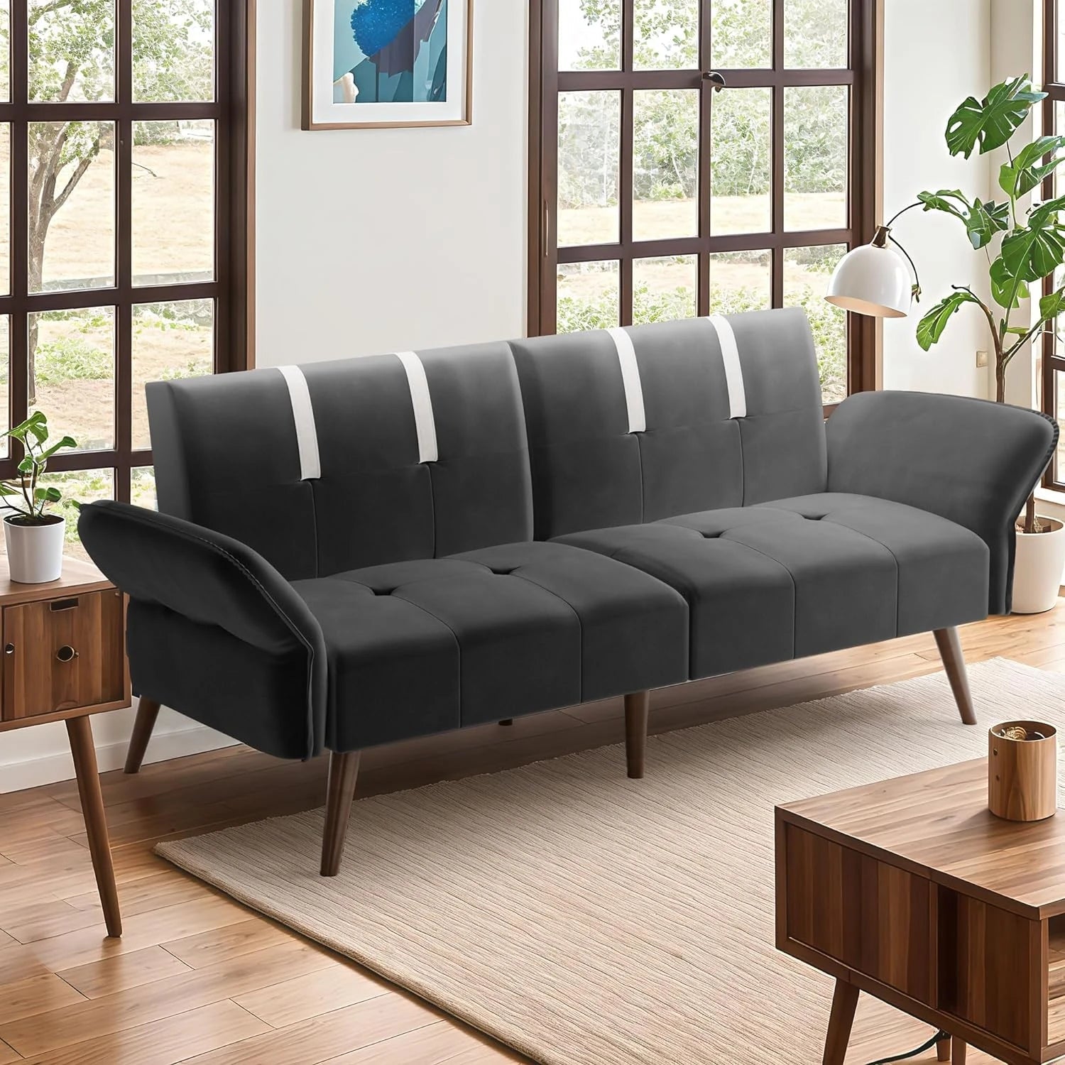 Convertible Sofa Futon Sofa Bed with Adjustable Armrest Backrest J596124