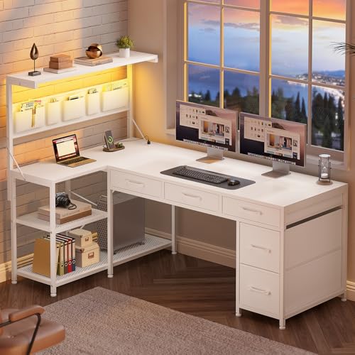 Black L Shaped Gaming Desk with 5 Drawers, Storage Shelves, LED Lights, Power Outlets and Storage Bag N67449